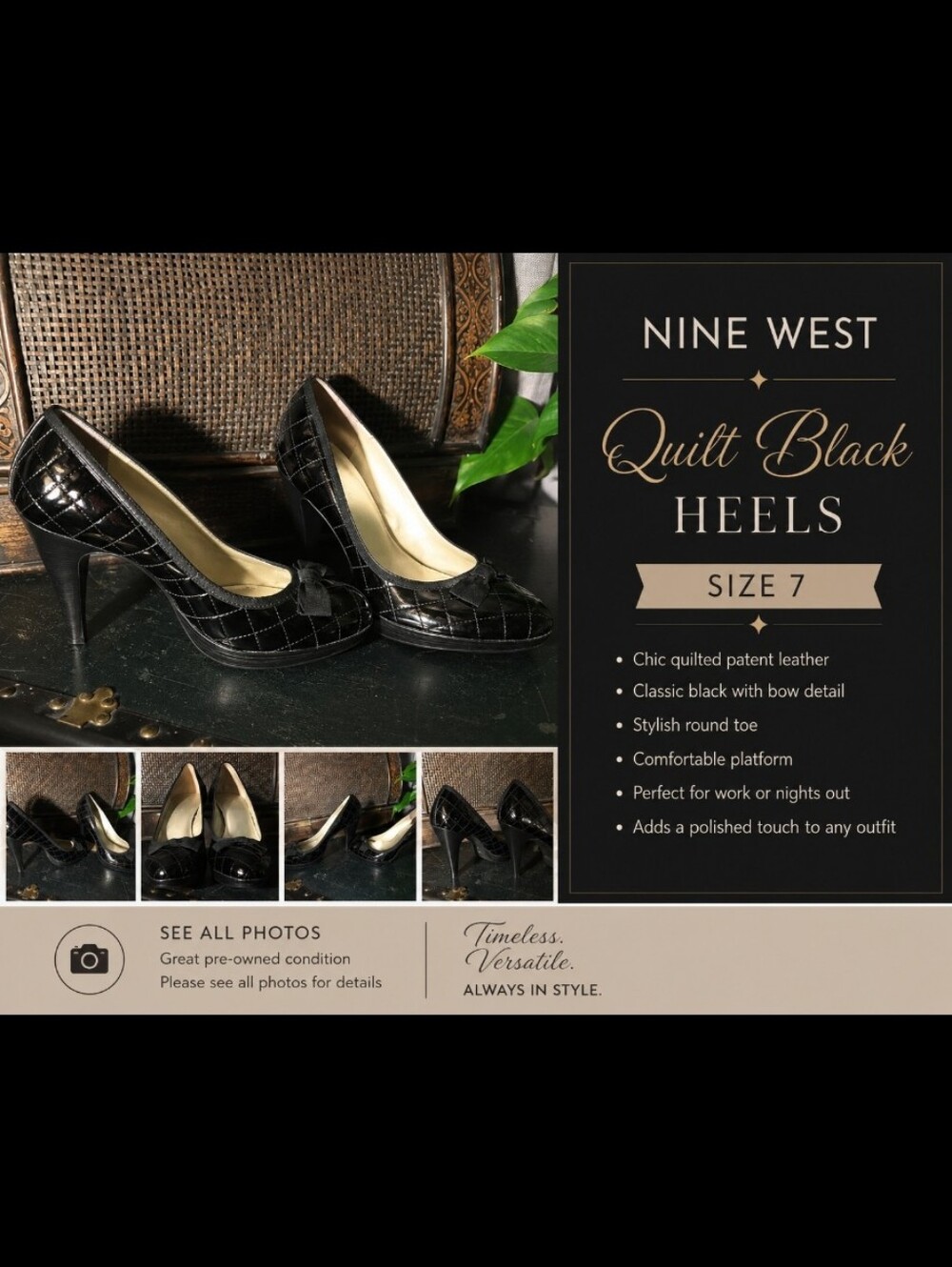 NINE WEST NWALVA Quilt Black Bows Heel 7